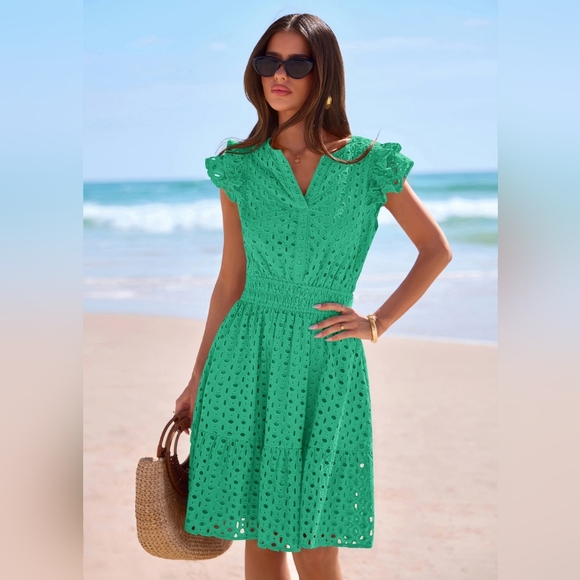 PrettyGarden Dresses & Skirts - PRETTYGARDEN Women's Summer Sundresses Eyelet Cap Sleeve V Neck Short Boho Dress